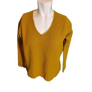 Madewell Rib Knit Wool Blend Sweater V-neck Pullover Sweater Gold Sz S